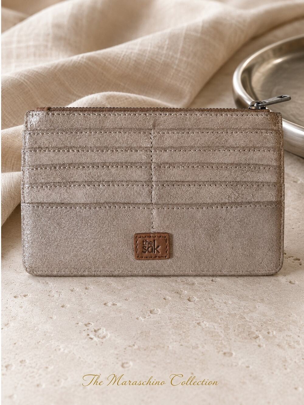 The Sak Metallic Taupe Zip Card Holder Wallet Slim Organizer Quiet Luxury
